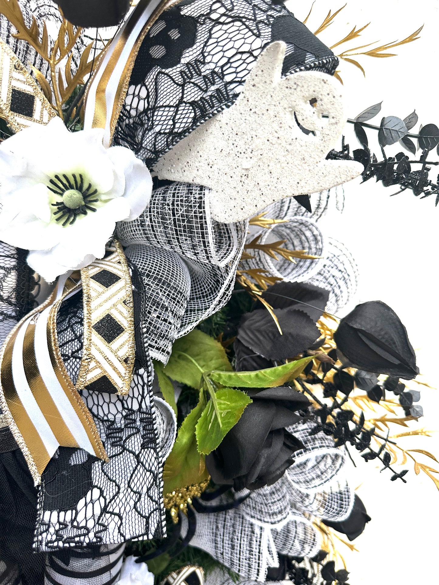Halloween Wreath – Black & Gold Glam Decor with Ghosts, Spiders & Full Witch Torso