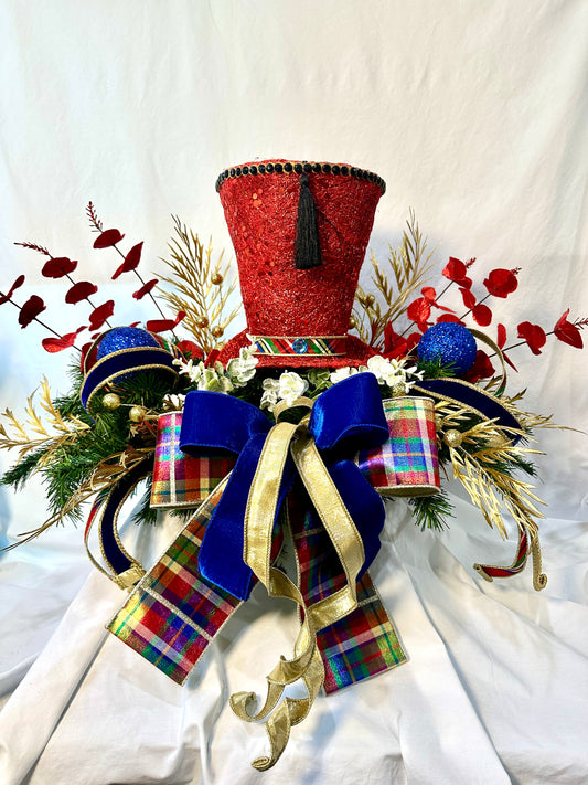 3-Piece Christmas Mantle Decor Set – No-Hang Holiday Centerpiece with Gift Box & Nutcracker Hat in Red, Blue, and Gold