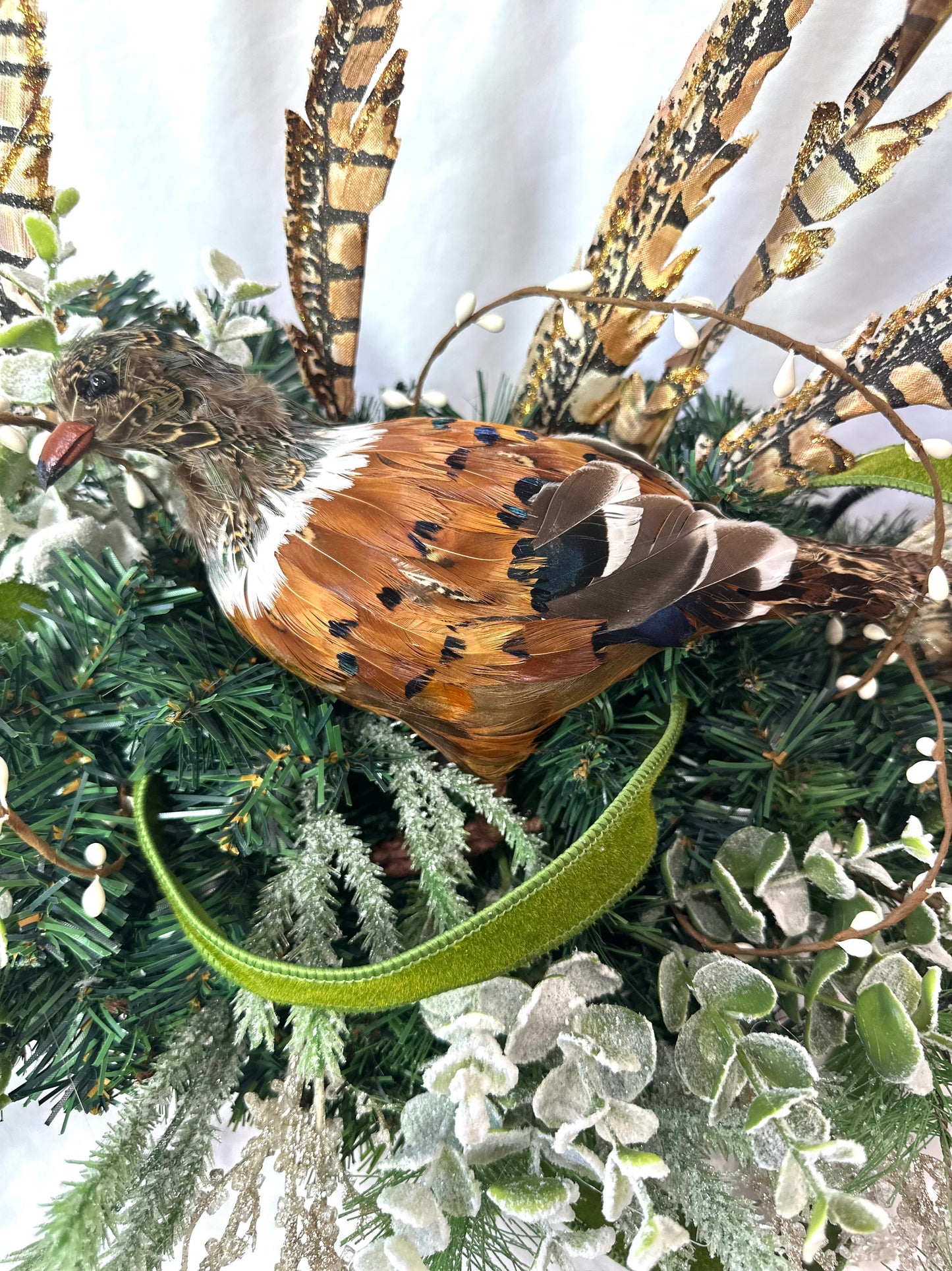 Winter Woodland Mantle Decor Set with Lighted Church, Pheasants & Animal Print Bow | Frosted Greenery 3-Piece Fireplace Arrangement