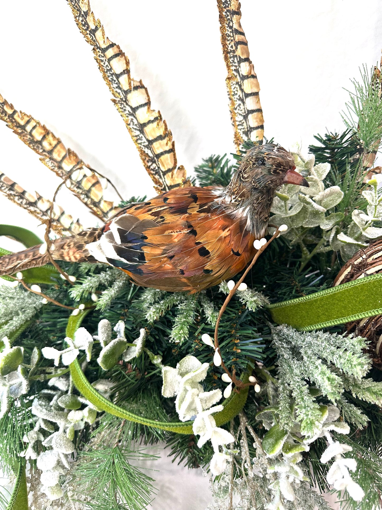 Winter Woodland Mantle Decor Set with Lighted Church, Pheasants & Animal Print Bow | Frosted Greenery 3-Piece Fireplace Arrangement