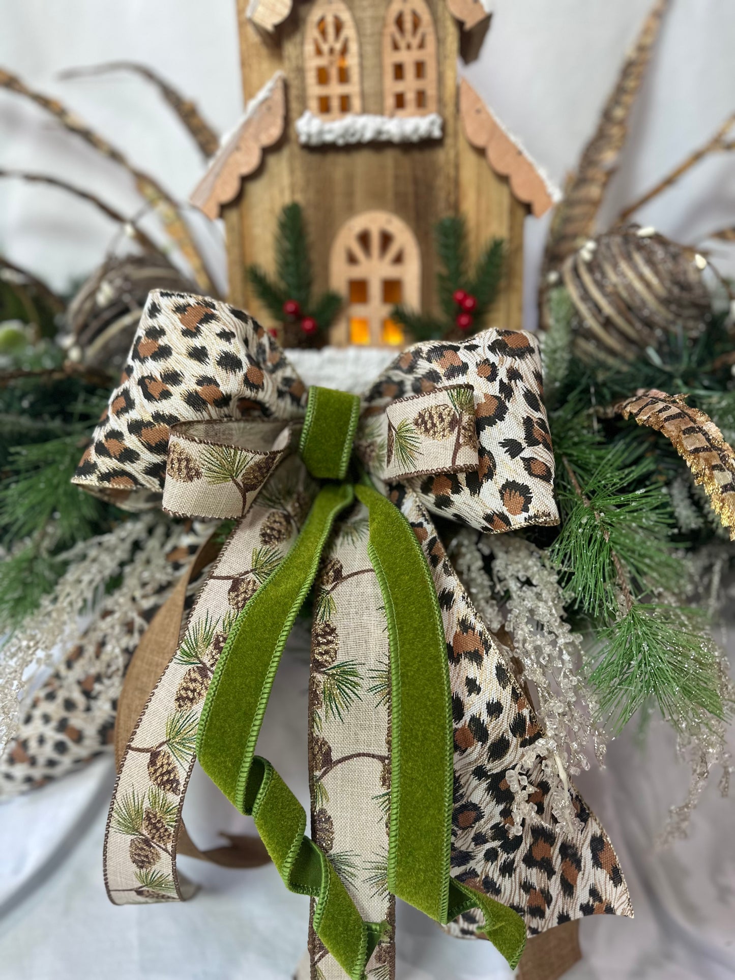 Winter Woodland Mantle Decor Set with Lighted Church, Pheasants & Animal Print Bow | Frosted Greenery 3-Piece Fireplace Arrangement