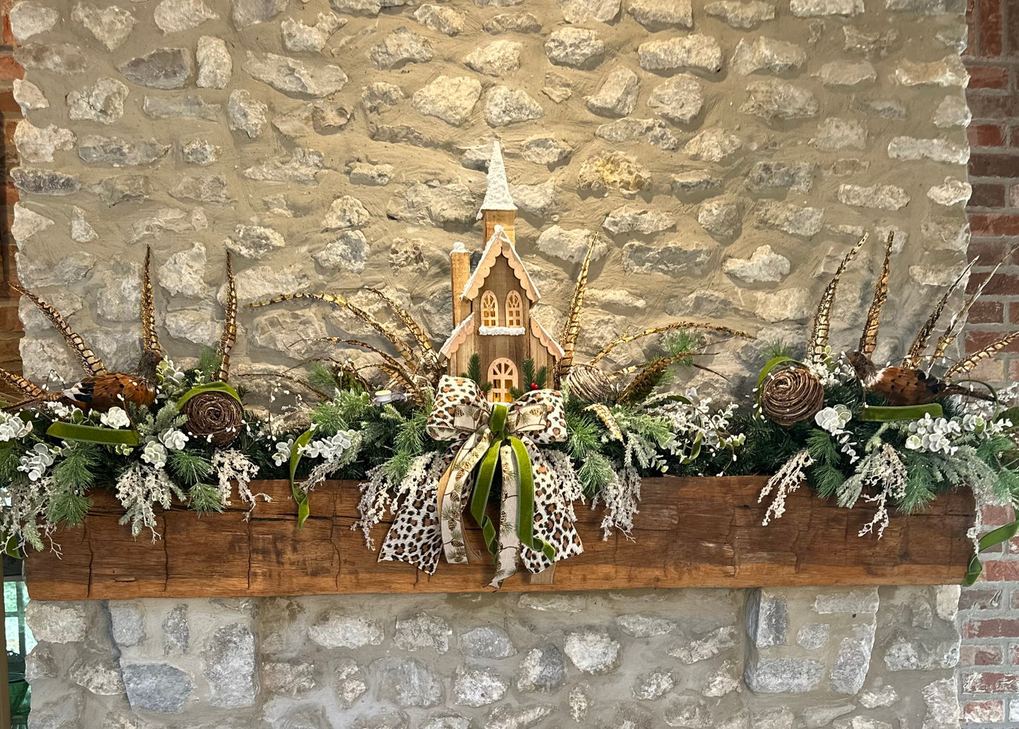 Winter Woodland Mantle Decor Set with Lighted Church, Pheasants & Animal Print Bow | Frosted Greenery 3-Piece Fireplace Arrangement