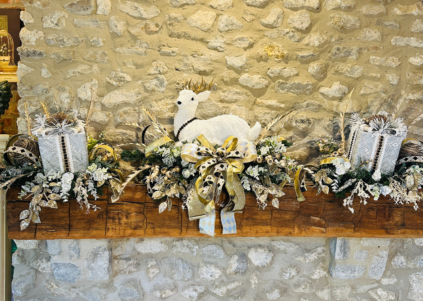 Elegant 3-Piece Christmas Mantle Set — Silver, Gold & Black Holiday Decor with White Deer | No Nails Required