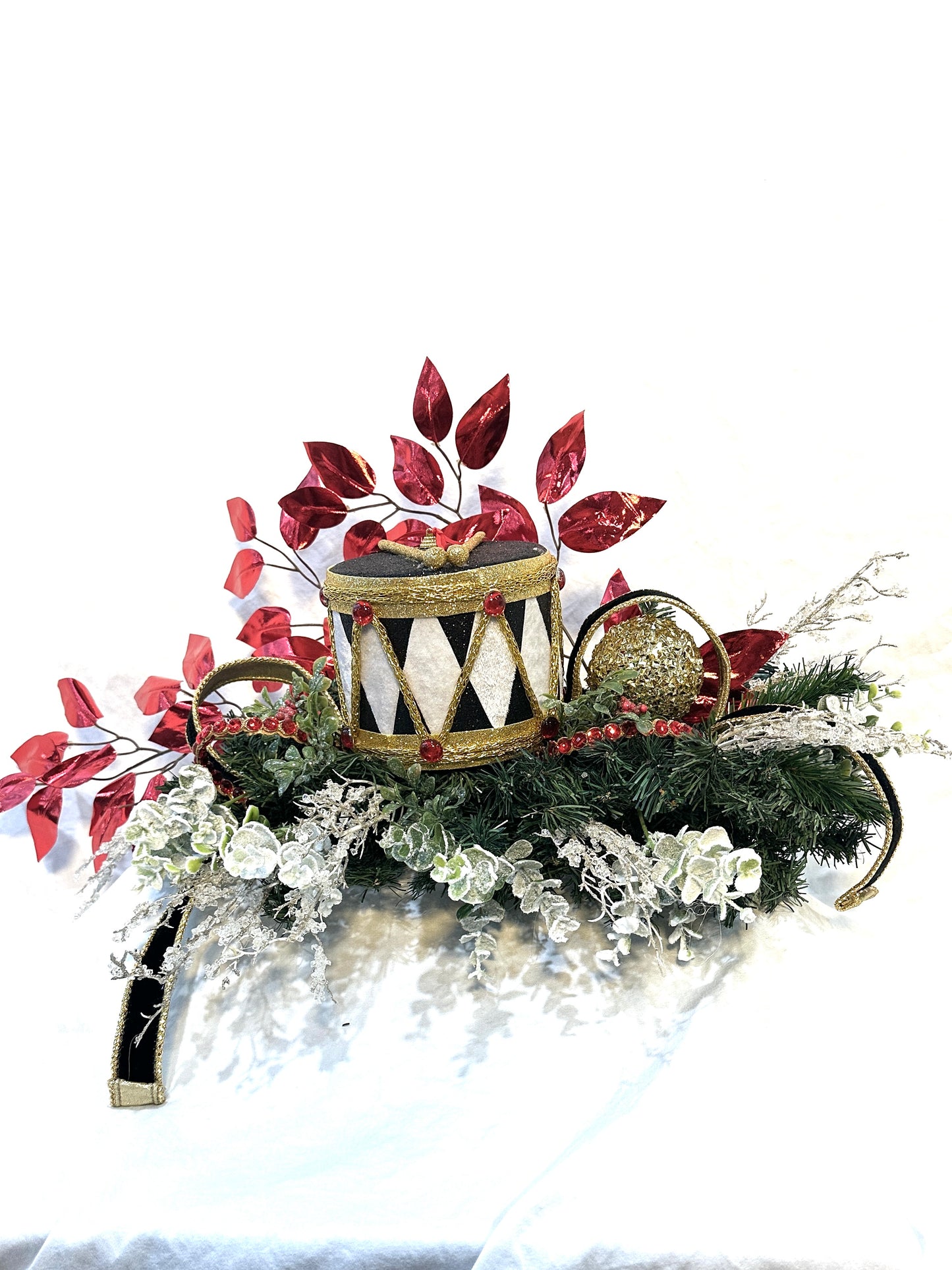 3 Piece No Hang Black, Red and White Nutcracker Christmas Mantle Decor with Harlequin Ribbon, Nutcracker Jeweled Hat & Nutcracker Drums