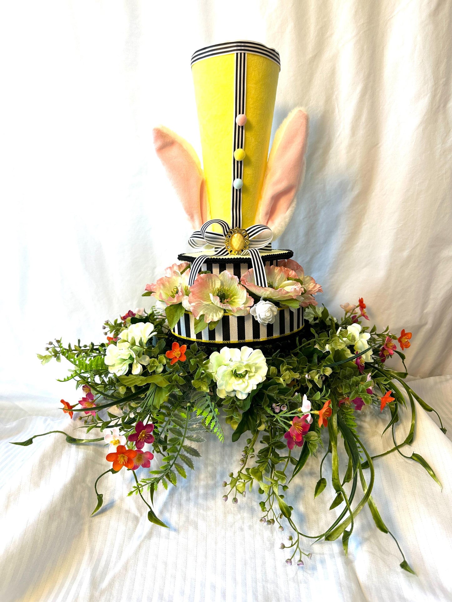 3-Tier Spring Floral Easter Bunny Hat Centerpiece with Bunny Ears, Yellow Hat & Lush Blooms for your Easter Table Decor