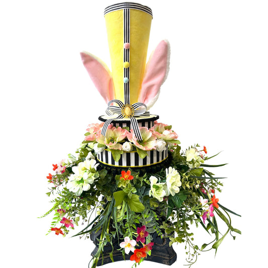 3-Tier Spring Floral  Easter Bunny Hat Centerpiece with Bunny Ears, Yellow Hat & Lush Blooms for your Easter Table Decor