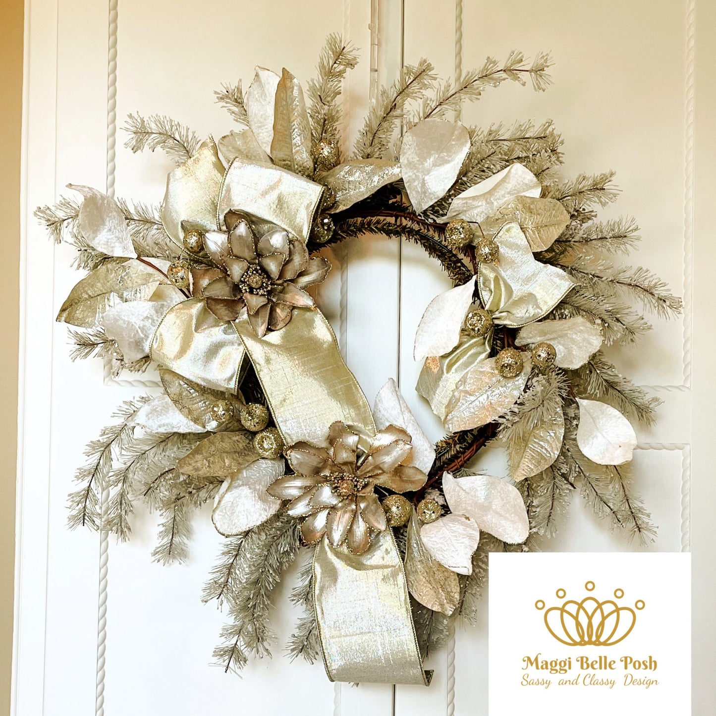 Minimalist Modern Champagne and Silver Christmas front door Wreath, holiday welcome porch wreath, festive mantle decor, poinsettia wreath