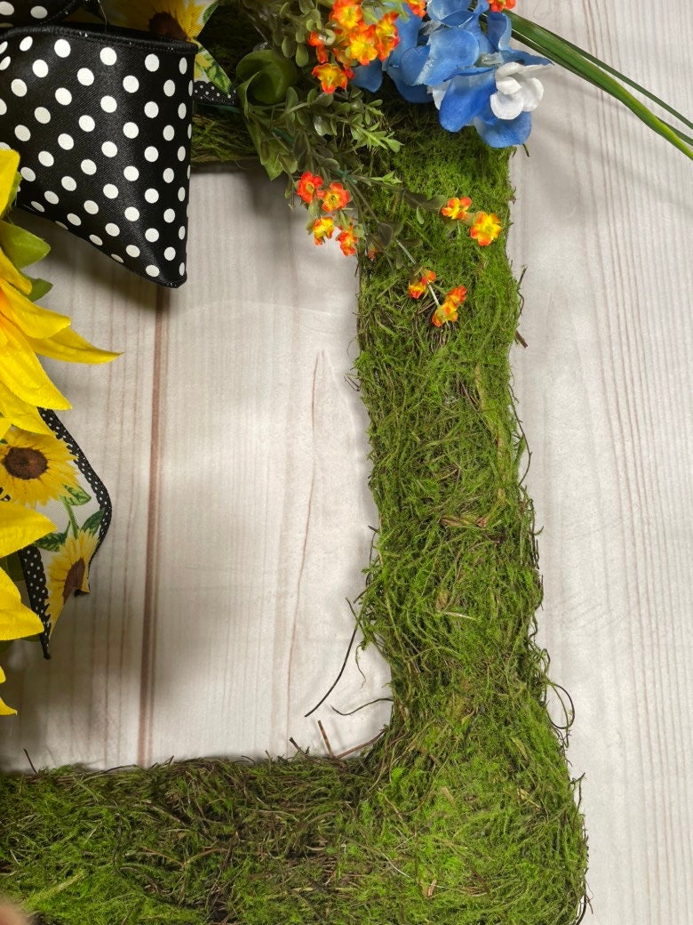 This Large Square Sunflower Moss Front Door Wreath is a Cheerful Welcome or Greeting for Spring, Summer or Everyday Porch Decor.