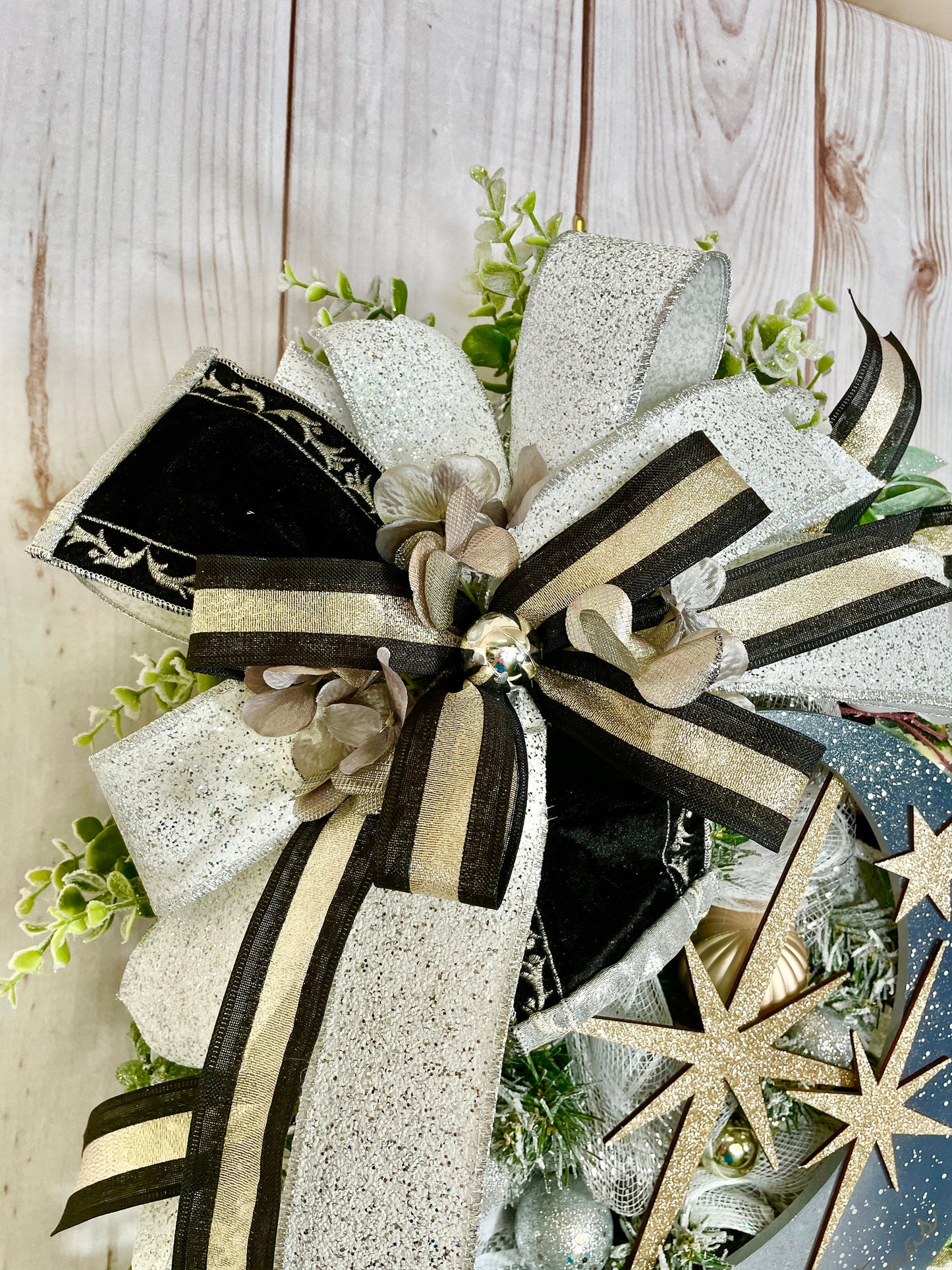Holiday glam Christmas Swag Wreath, front door bling swag, silver moon and gold star decor, Welcome wreath for porch.
