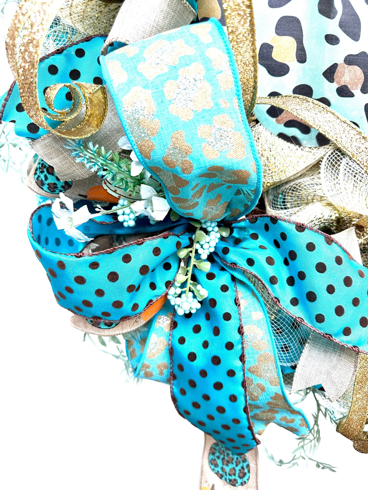 Elevate your Fall decor with this exquisite Teal blue, chocolate and gold pumpkin autumn wreath featuring a large pumpkin sign