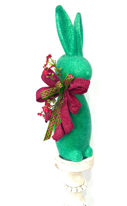 Elevate your Easter Table or Mantle Decor with this Floral Flocked Bunny with a Sparkly Bow or Give as a Gift