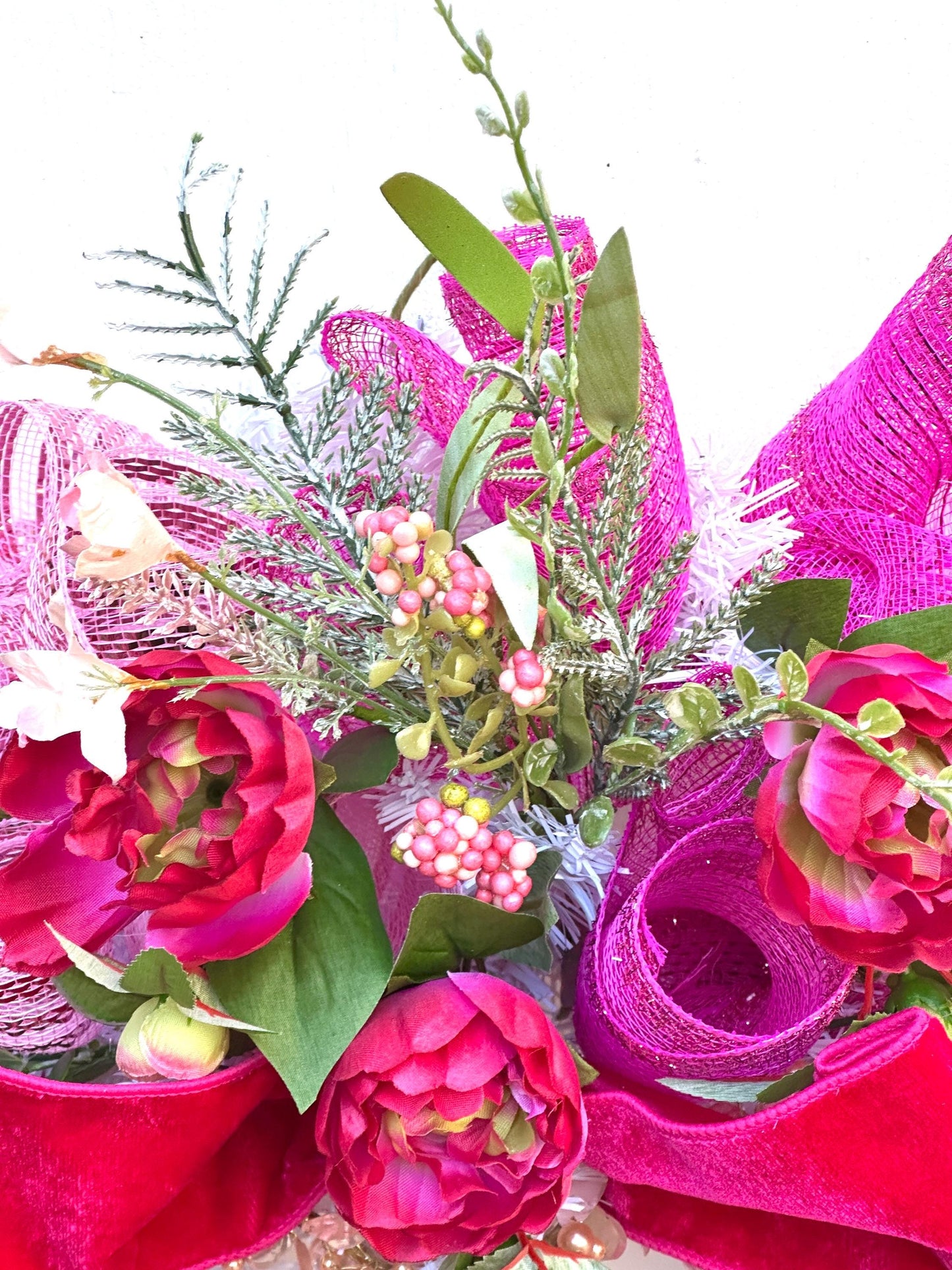 Shabby Chic Romantic Valentine Wreath Featuring a Gold & Pink Heart surrounded by Fuchsia Roses, Pink Berries, and Velvet Bows.