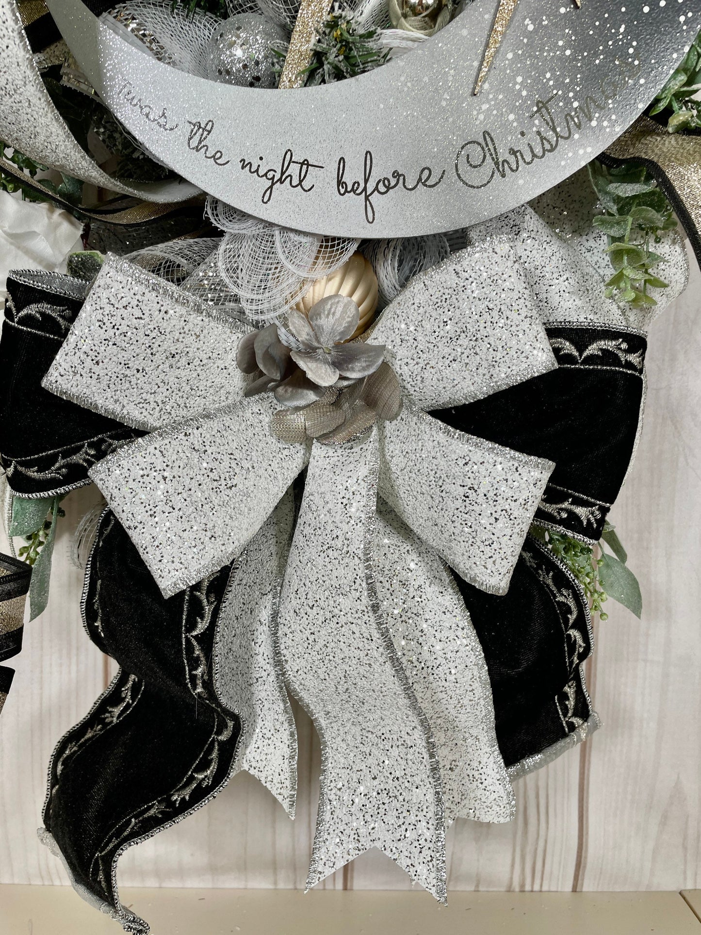 Holiday glam Christmas Swag Wreath, front door bling swag, silver moon and gold star decor, Welcome wreath for porch.