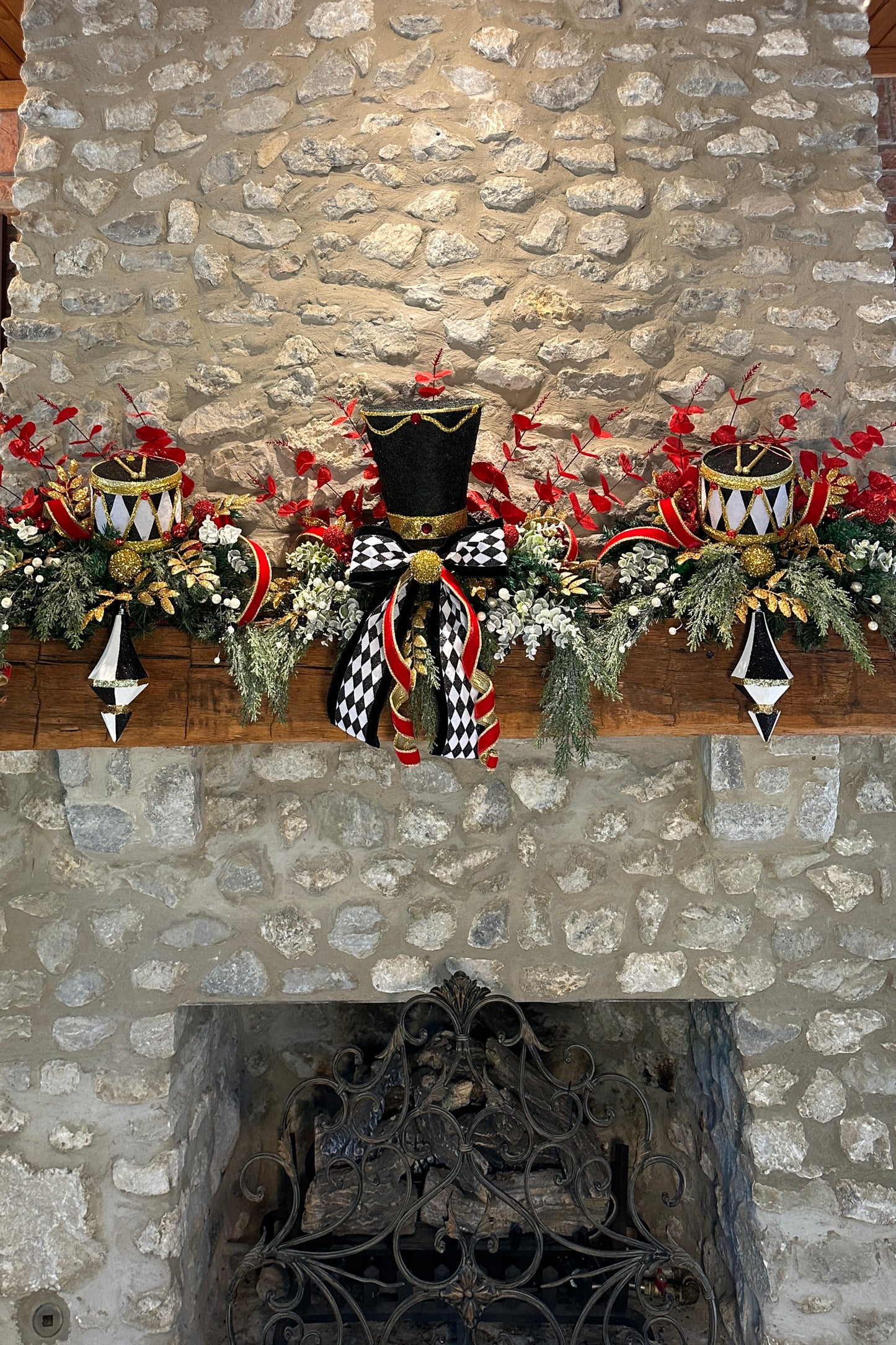 3 piece traditional nutcracker christmas mantle decor with designer harlequin ribbon, nutcracker hat, christmas ornaments, velvet ribbon and drums. (Copy) (Copy)