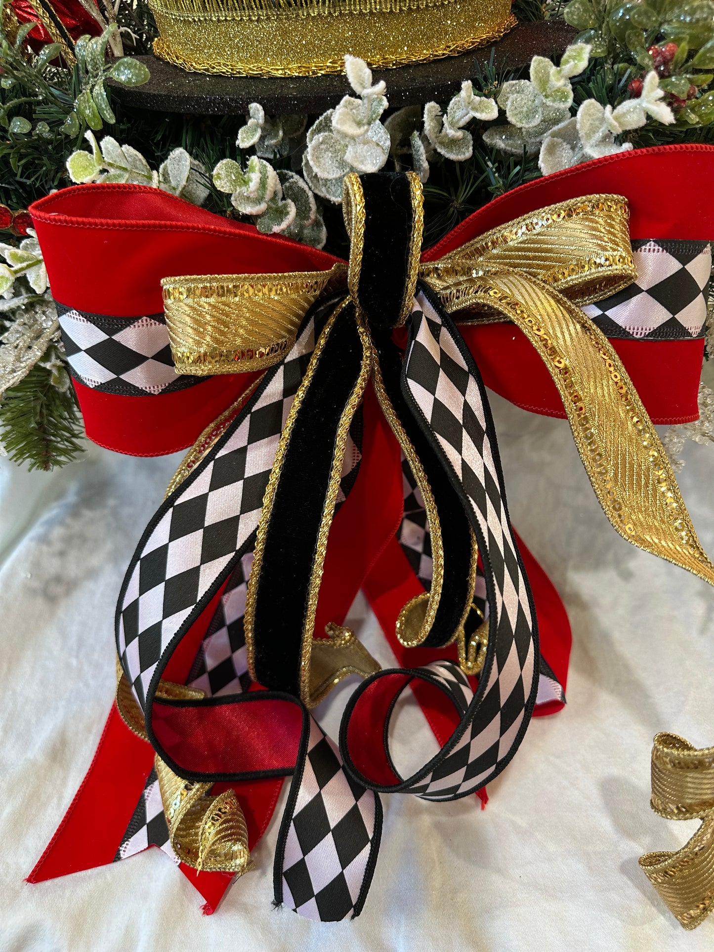 3 Piece No Hang Black, Red and White Nutcracker Christmas Mantle Decor with Harlequin Ribbon, Nutcracker Jeweled Hat & Nutcracker Drums
