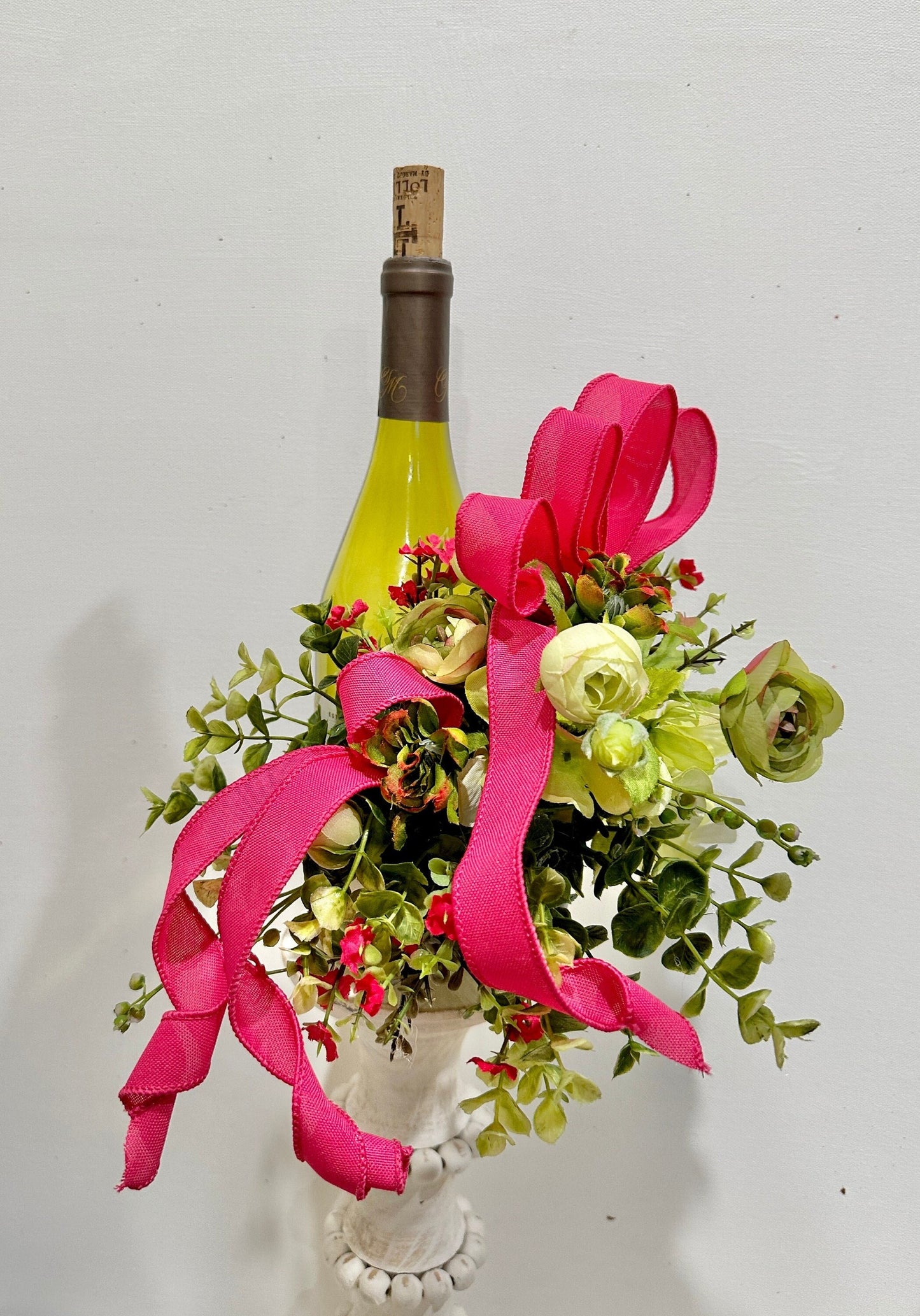 Romantic floral wine bottle bouquet for hostess gift, housewarming, party idea, client gift, Christmas gift or wine accessory.