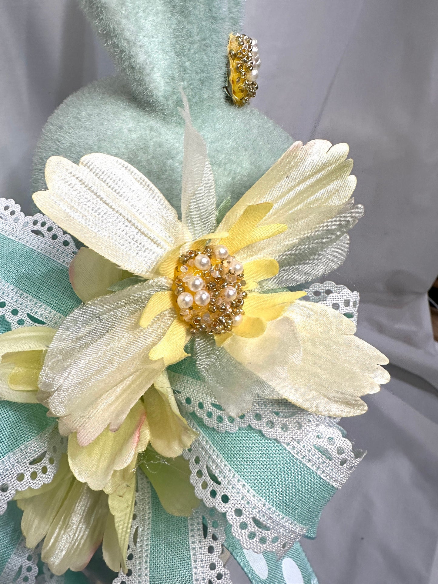 Flocked Fancy Lady Easter Bunny Decoration with Jewels & Pearls is perfect for Easter Mantle or Table Decor or as a Friend Gift for Spring.