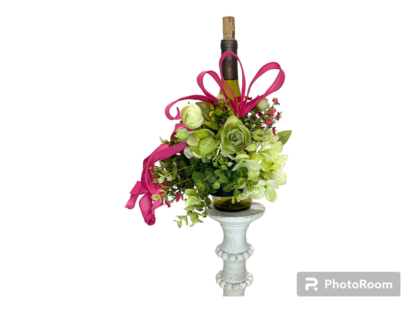 Romantic floral wine bottle bouquet for hostess gift, housewarming, party idea, client gift, Christmas gift or wine accessory.
