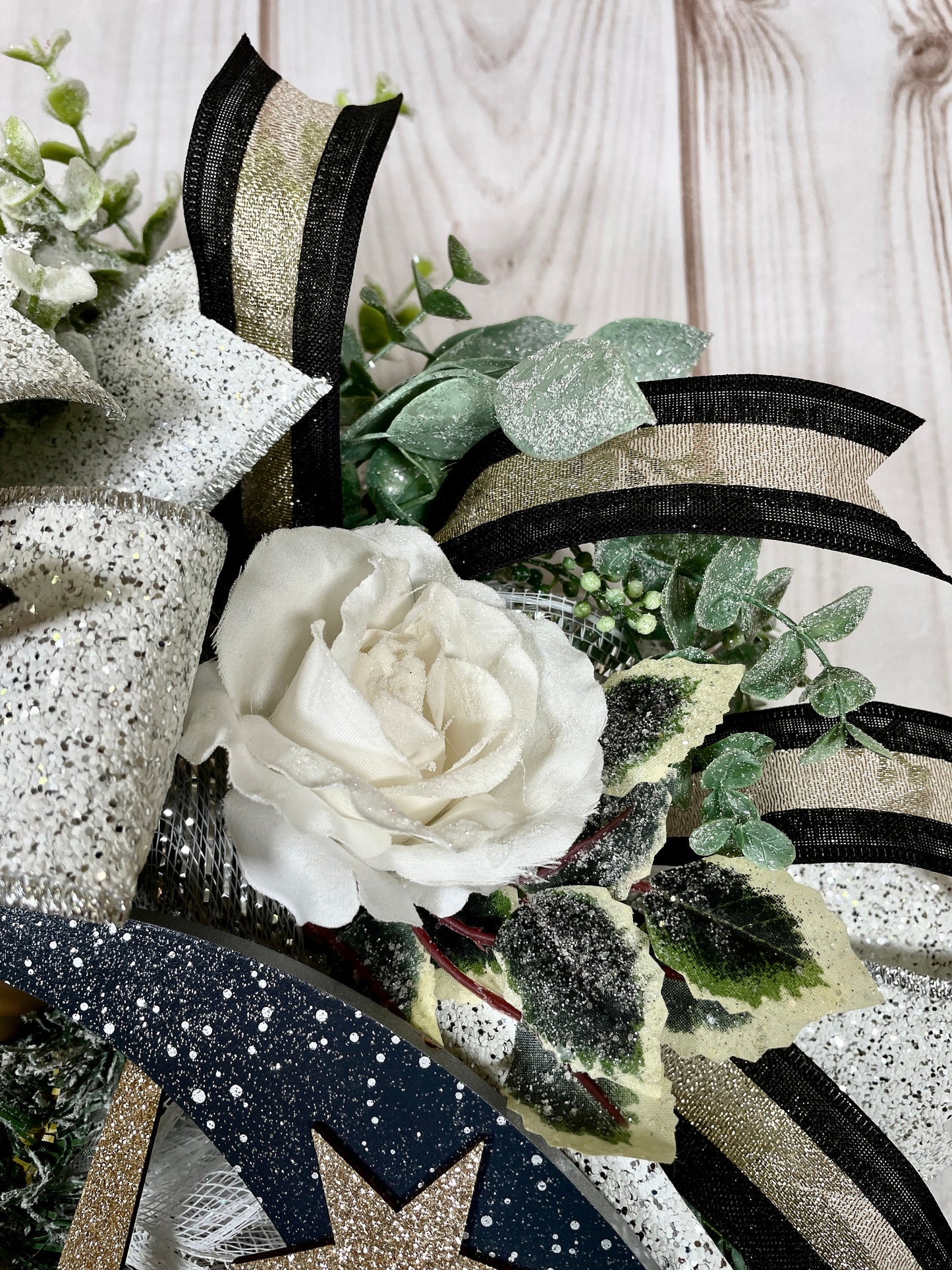 Holiday glam Christmas Swag Wreath, front door bling swag, silver moon and gold star decor, Welcome wreath for porch.