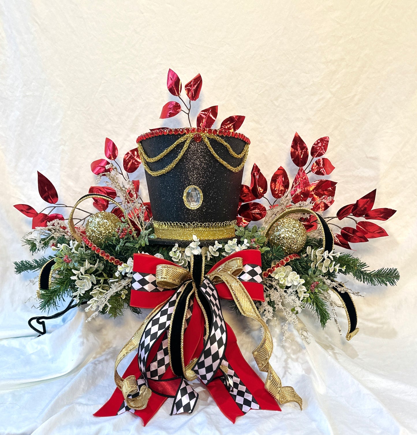 3 Piece No Hang Black, Red and White Nutcracker Christmas Mantle Decor with Harlequin Ribbon, Nutcracker Jeweled Hat & Nutcracker Drums