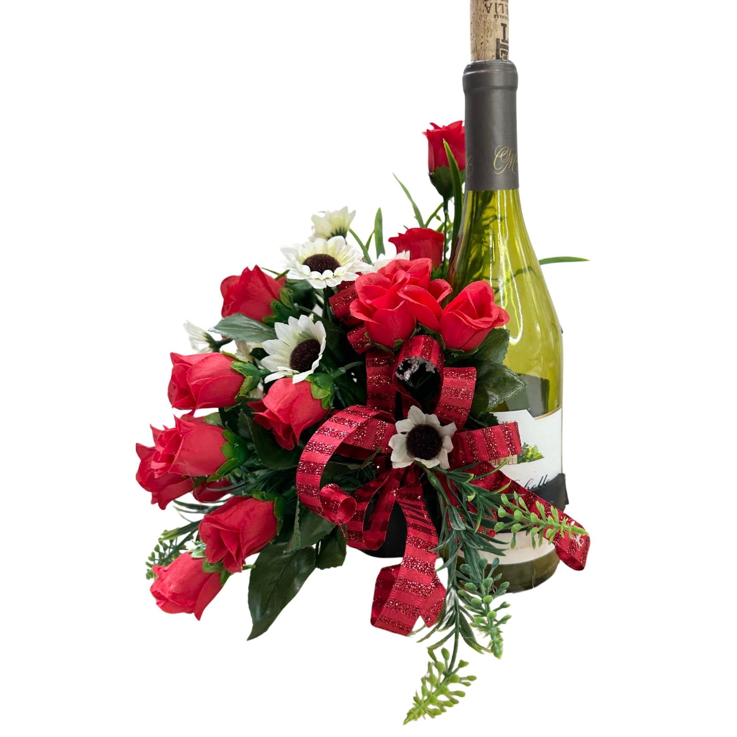 Floral wine bottle bouquet for an environmentally friendly hostess gift, housewarming, party idea, Christmas gift or wine accessory.