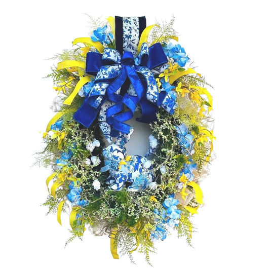 Blue Spring or Easter Bunny Wreath with Luxury Ribbon, Mossy Greenery, Wisteria, Forsythia and Ferns adds an Elegance to your Front Door