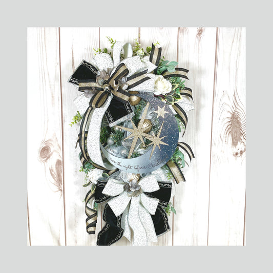 Holiday glam Christmas Swag Wreath, front door bling swag, silver moon and gold star decor, Welcome wreath for porch.