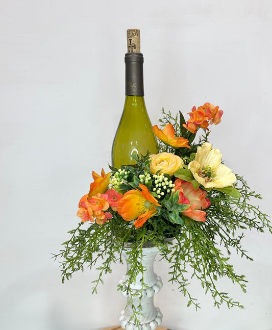 Environmentally friendly floral wine bottle bouquet for hostess gift, friend gift, housewarming, party idea or wine accessory.