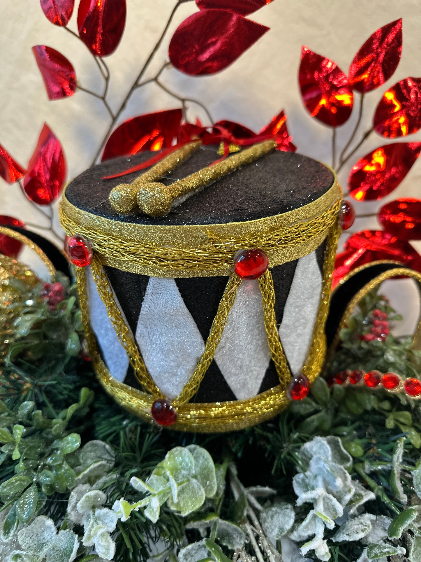 3 Piece No Hang Black, Red and White Nutcracker Christmas Mantle Decor with Harlequin Ribbon, Nutcracker Jeweled Hat & Nutcracker Drums