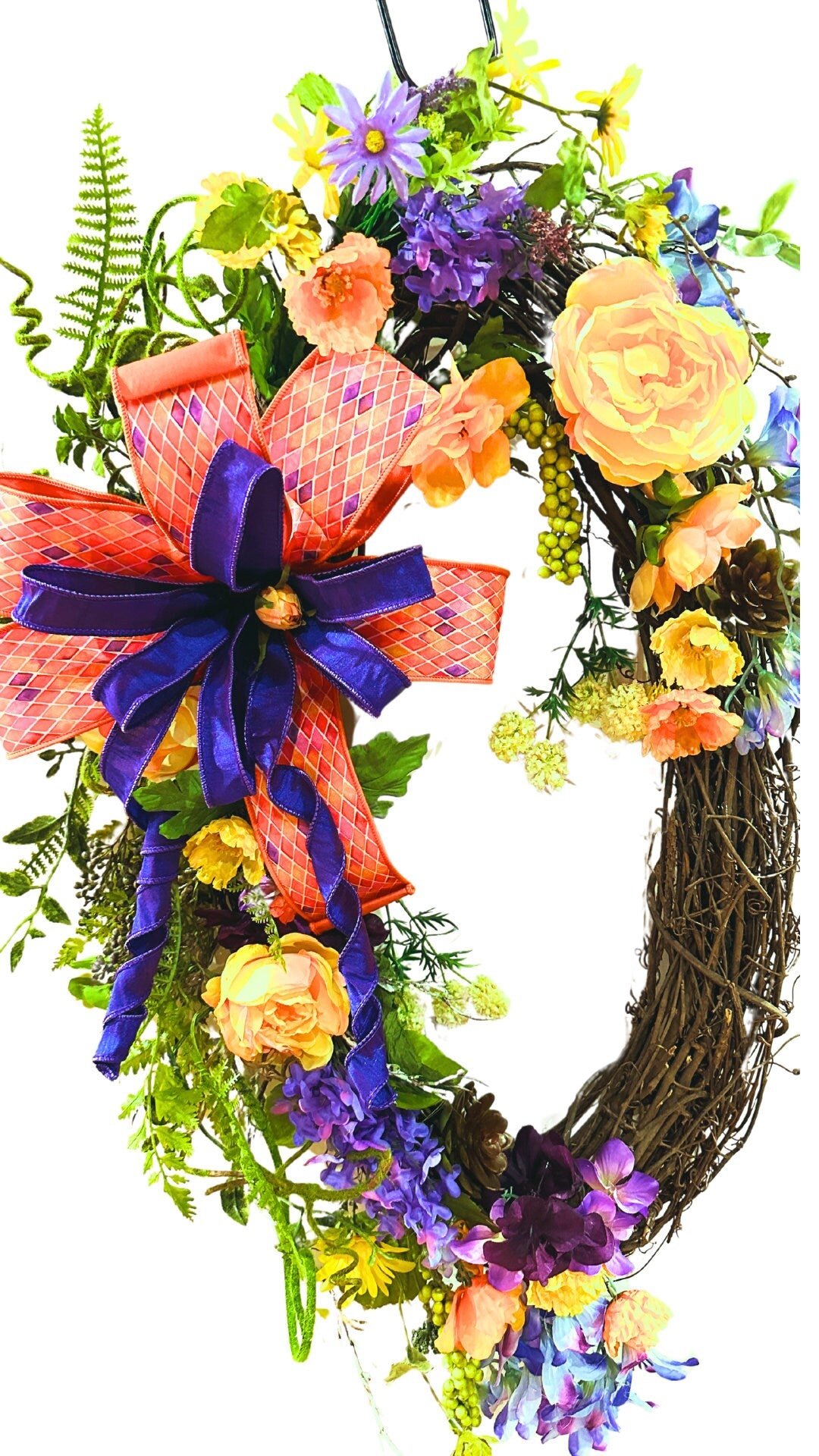 Multicolored Oval Grapevine Everyday Wreath with Multicolored bow and Spring or Summer Flowers