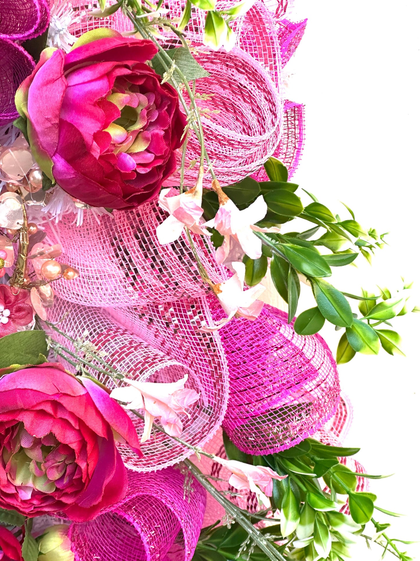 Shabby Chic Romantic Valentine Wreath Featuring a Gold & Pink Heart surrounded by Fuchsia Roses, Pink Berries, and Velvet Bows.