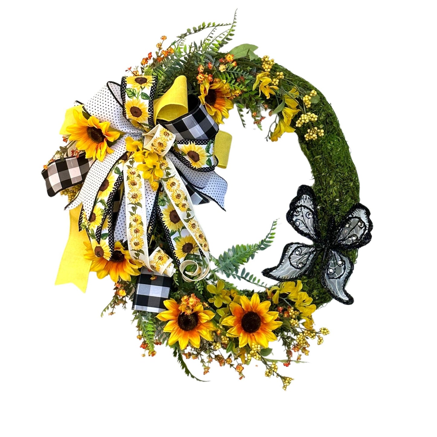 Oval Cheerful Welcome Moss Wreath with Yellow Sunflowers and a Large Butterfly Perfect from Summer to Fall on your Front Door or Porch