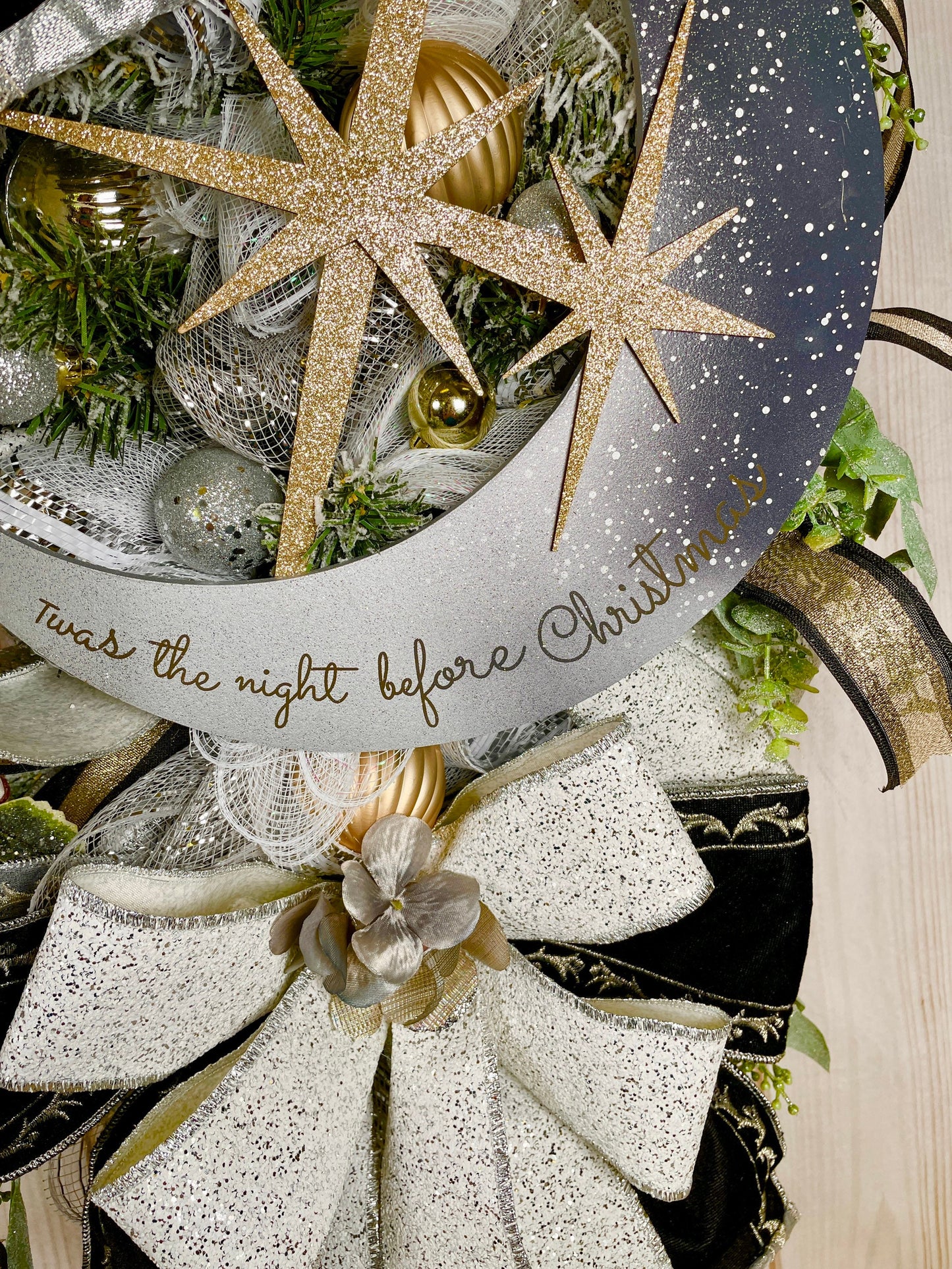 Holiday glam Christmas Swag Wreath, front door bling swag, silver moon and gold star decor, Welcome wreath for porch.