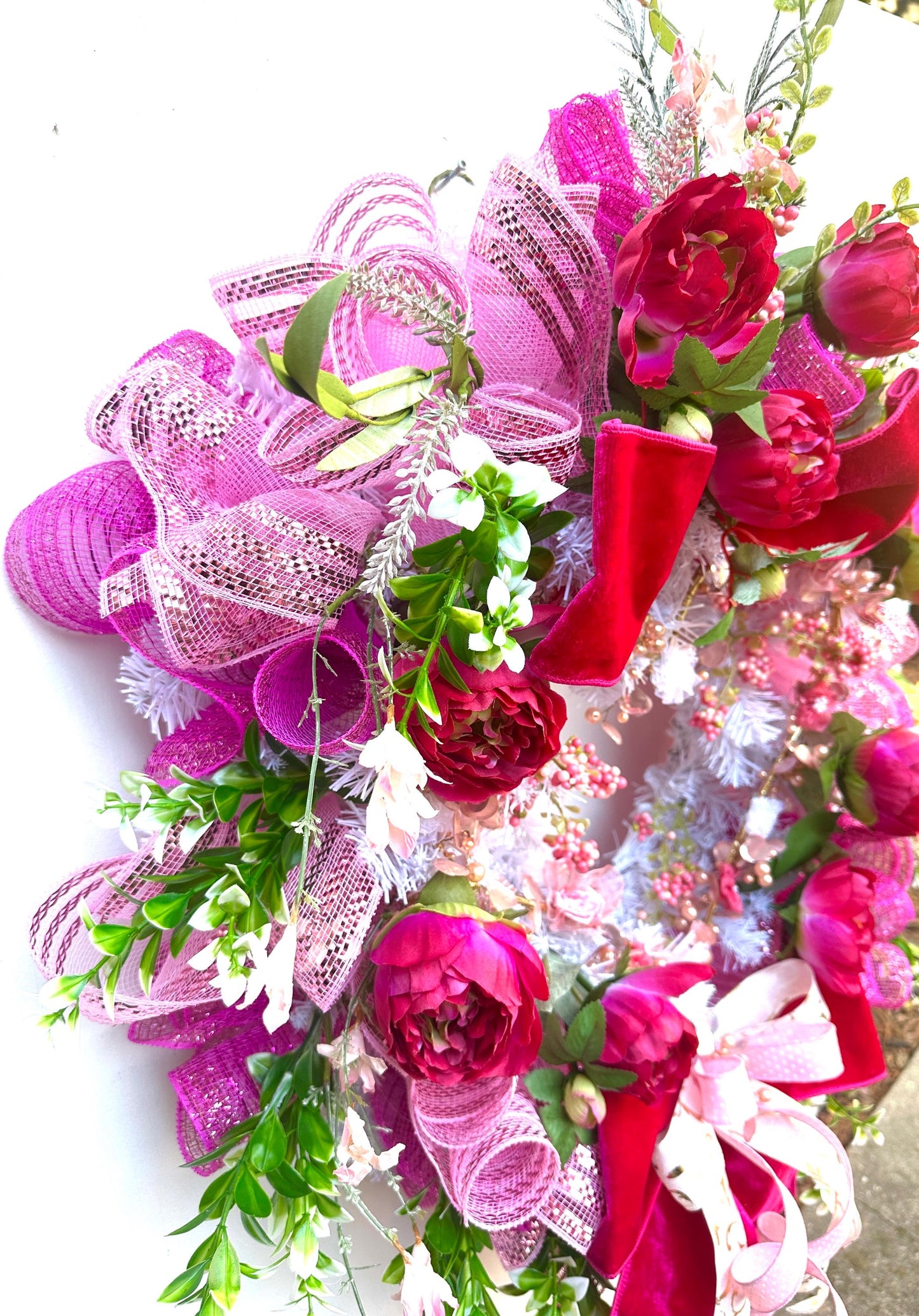 Shabby Chic Romantic Valentine Wreath Featuring a Gold & Pink Heart surrounded by Fuchsia Roses, Pink Berries, and Velvet Bows.