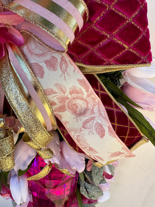 Elevate your home decor with this luxury pearl and rhinestone heart wreath accented with peonies and designer ribbons for your front door.