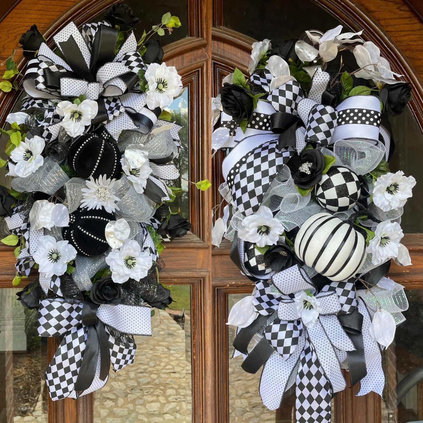Halloween Glam and Bling Sister Black and White Wreaths for Double Doors