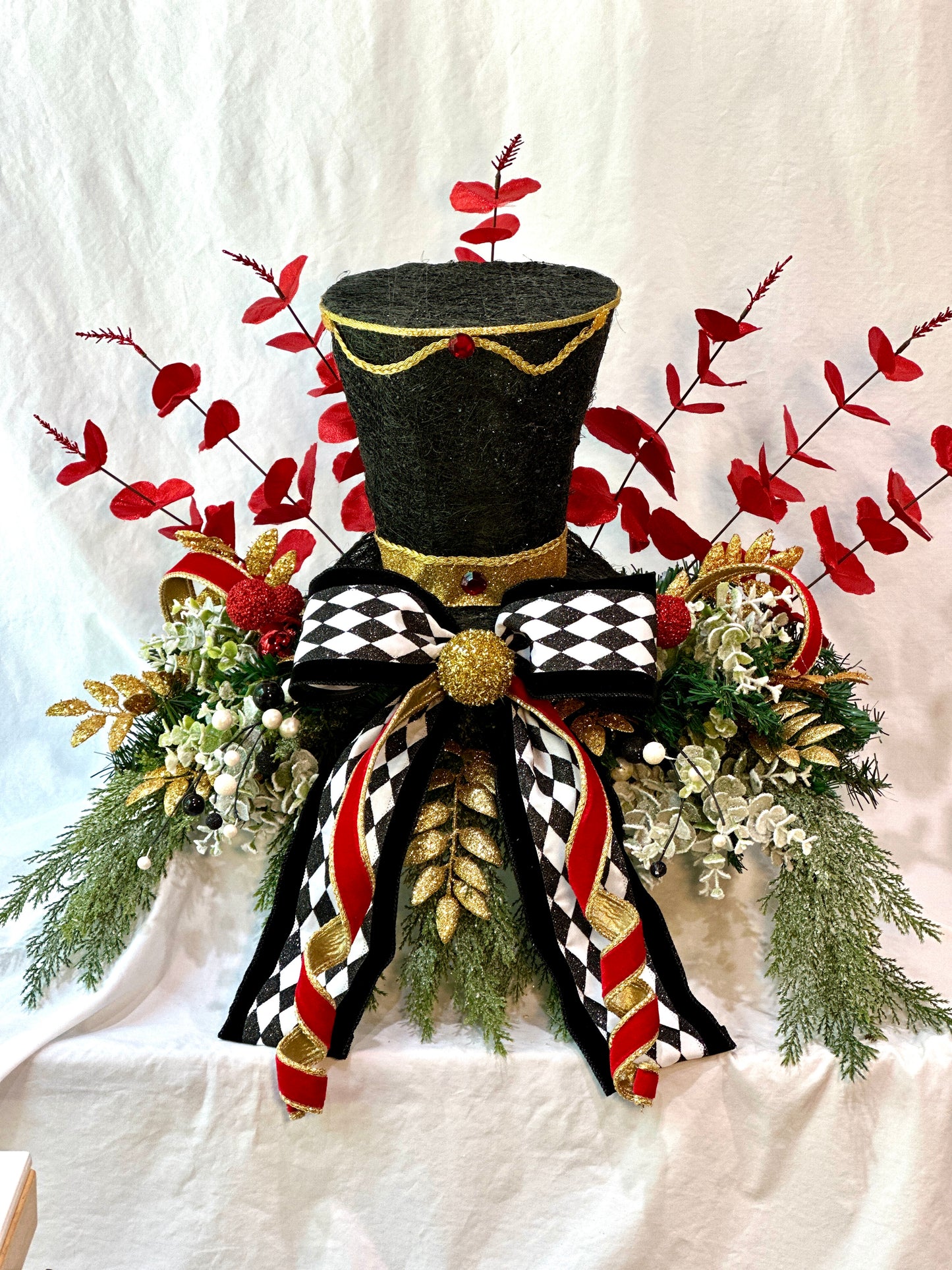 3 piece traditional nutcracker christmas mantle decor with designer harlequin ribbon, nutcracker hat, christmas ornaments, velvet ribbon and drums. (Copy) (Copy)