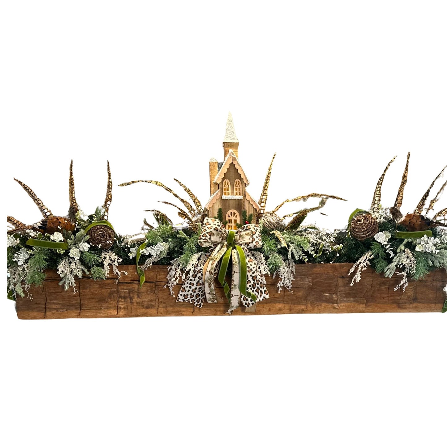 Winter Woodland Mantle Decor Set with Lighted Church, Pheasants & Animal Print Bow | Frosted Greenery 3-Piece Fireplace Arrangement