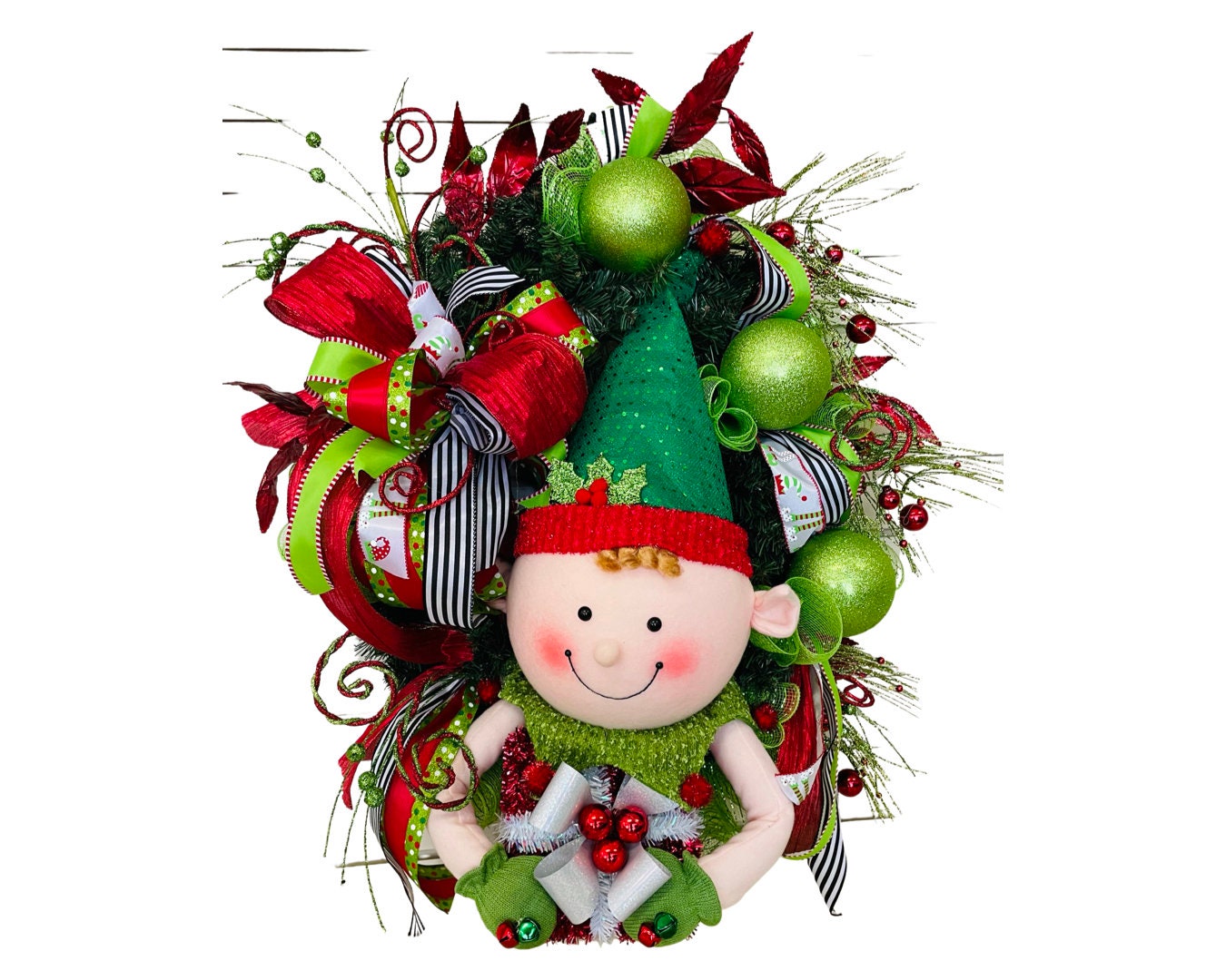 Whimsical Christmas elf in traditional colors is a perfect  front door or porch winter wreath, child's room accessory or holiday gift.