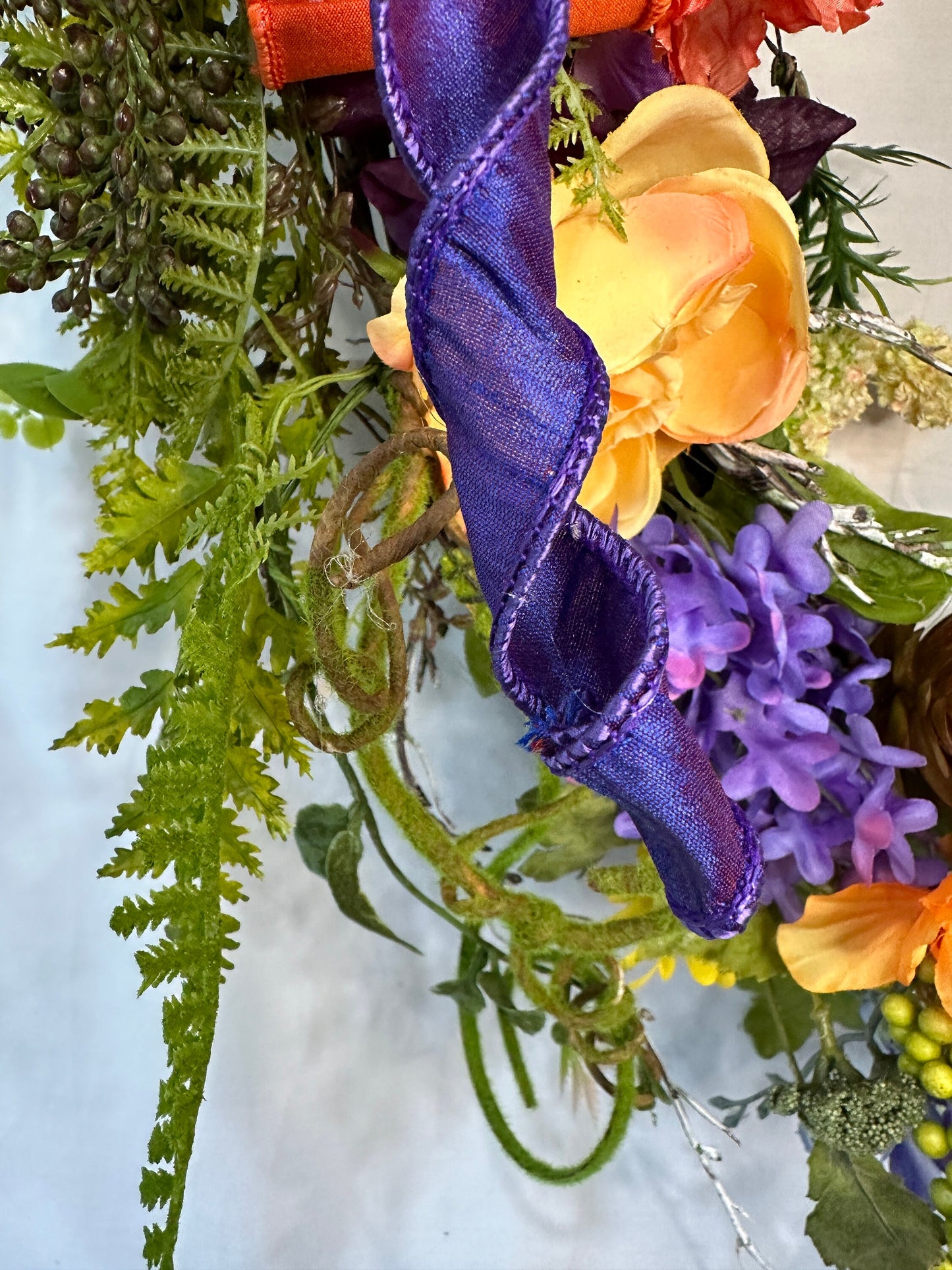 Multicolored Oval Grapevine Everyday Wreath with Multicolored bow and Spring or Summer Flowers