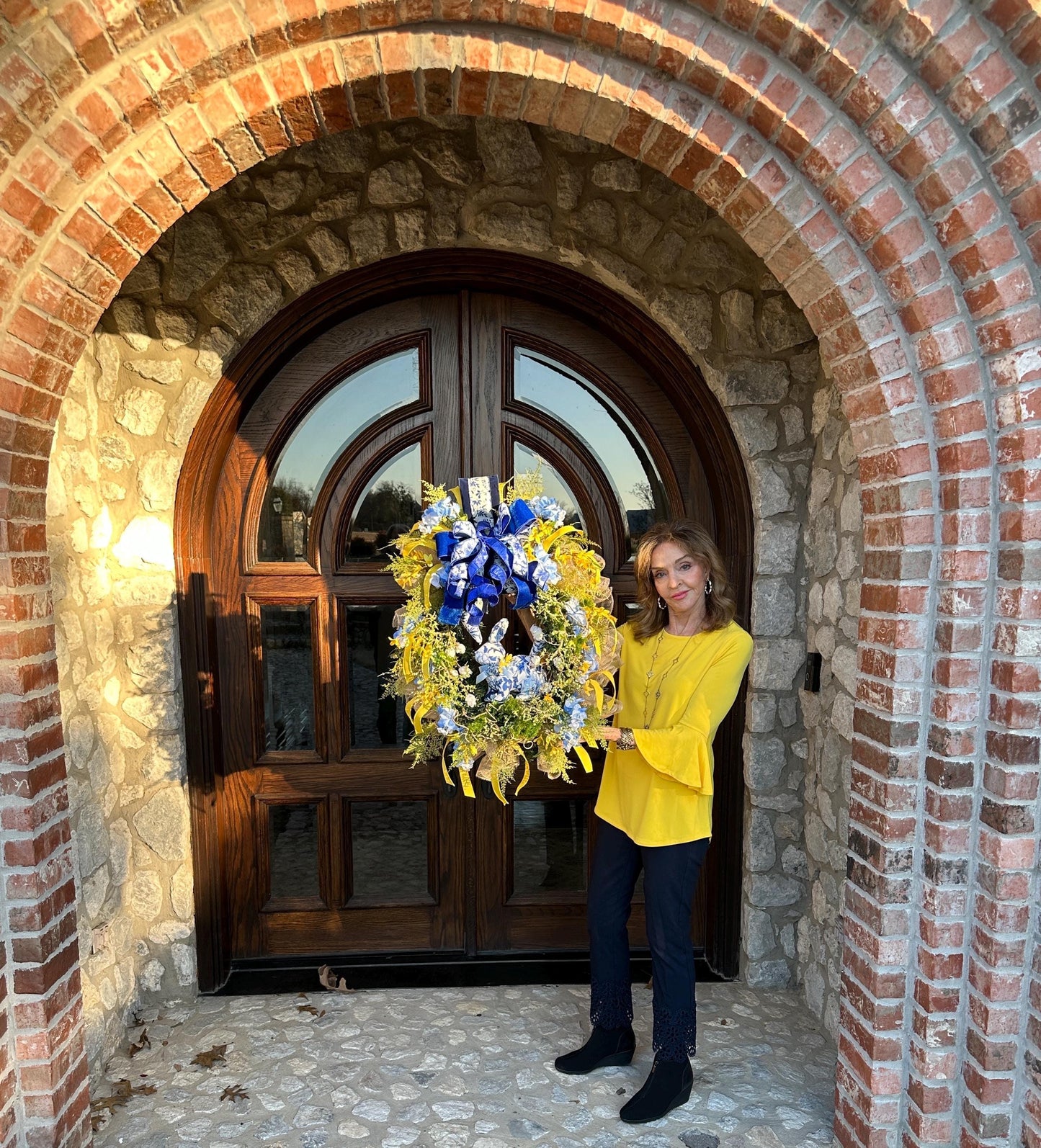 Blue Spring or Easter Bunny Wreath with Luxury Ribbon, Mossy Greenery, Wisteria, Forsythia and Ferns adds an Elegance to your Front Door