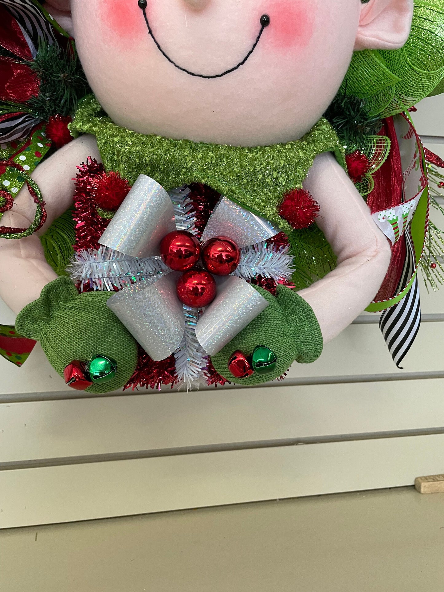 Whimsical Christmas elf in traditional colors is a perfect  front door or porch winter wreath, child's room accessory or holiday gift.