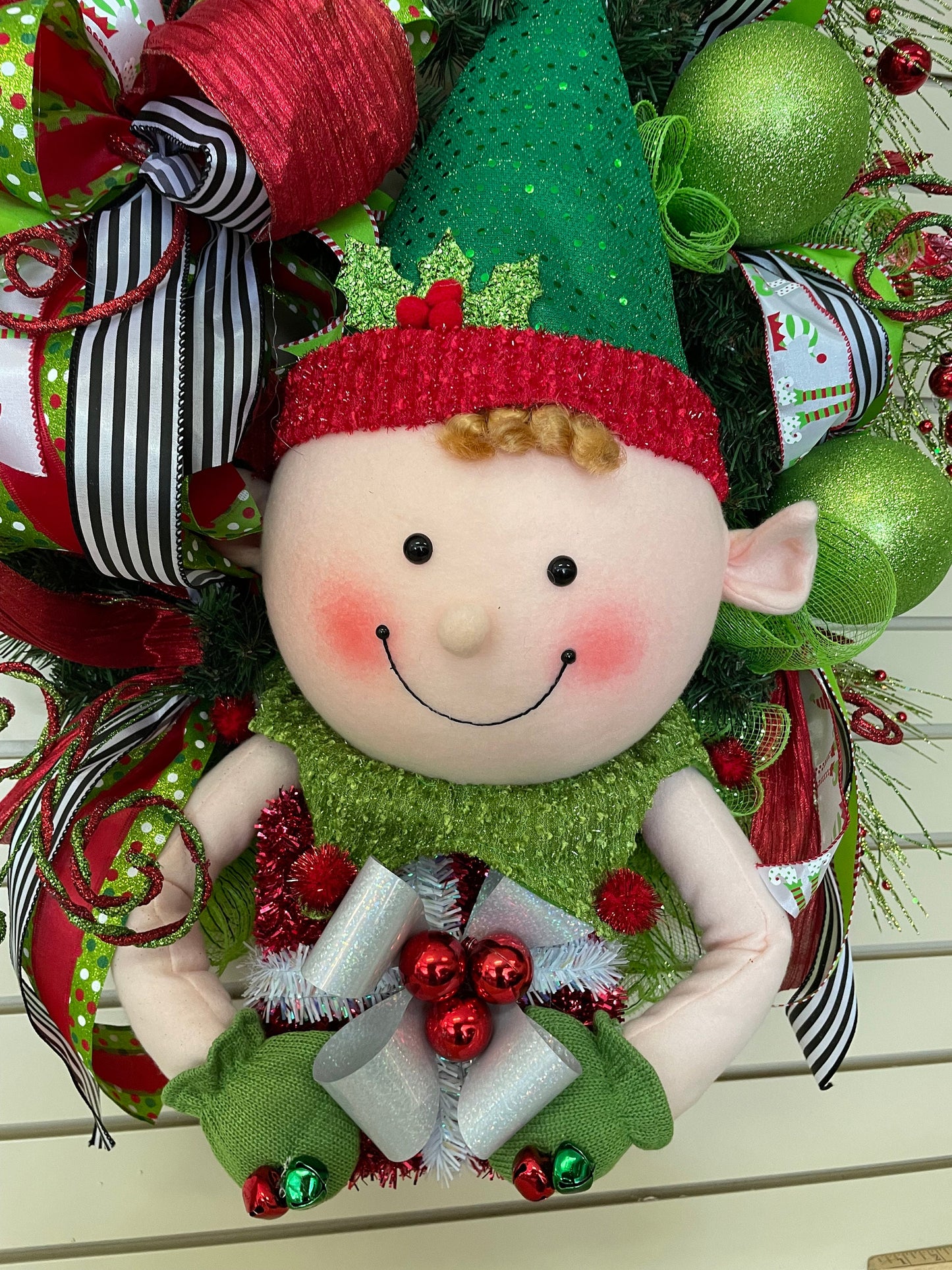 Whimsical Christmas elf in traditional colors is a perfect  front door or porch winter wreath, child's room accessory or holiday gift.