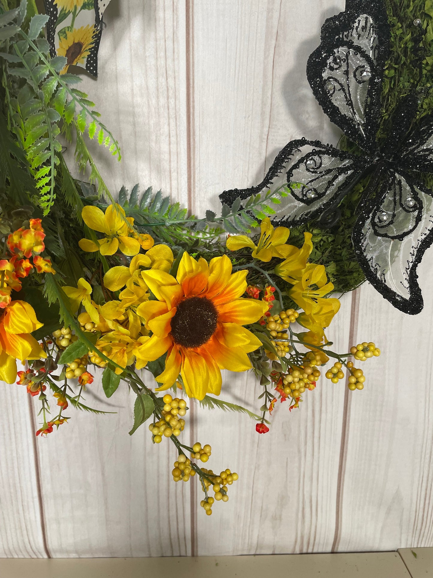 Oval Cheerful Welcome  Moss Wreath with Yellow Sunflowers and a Large Butterfly  Perfect from Summer to Fall on your Front Door or Porch