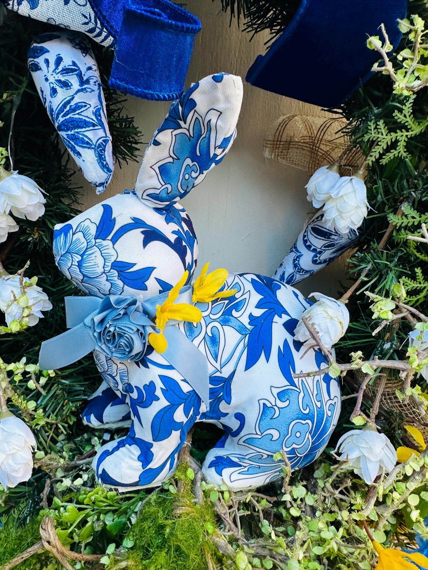 Blue Spring or Easter Bunny Wreath with Luxury Ribbon, Mossy Greenery, Wisteria, Forsythia and Ferns adds an Elegance to your Front Door