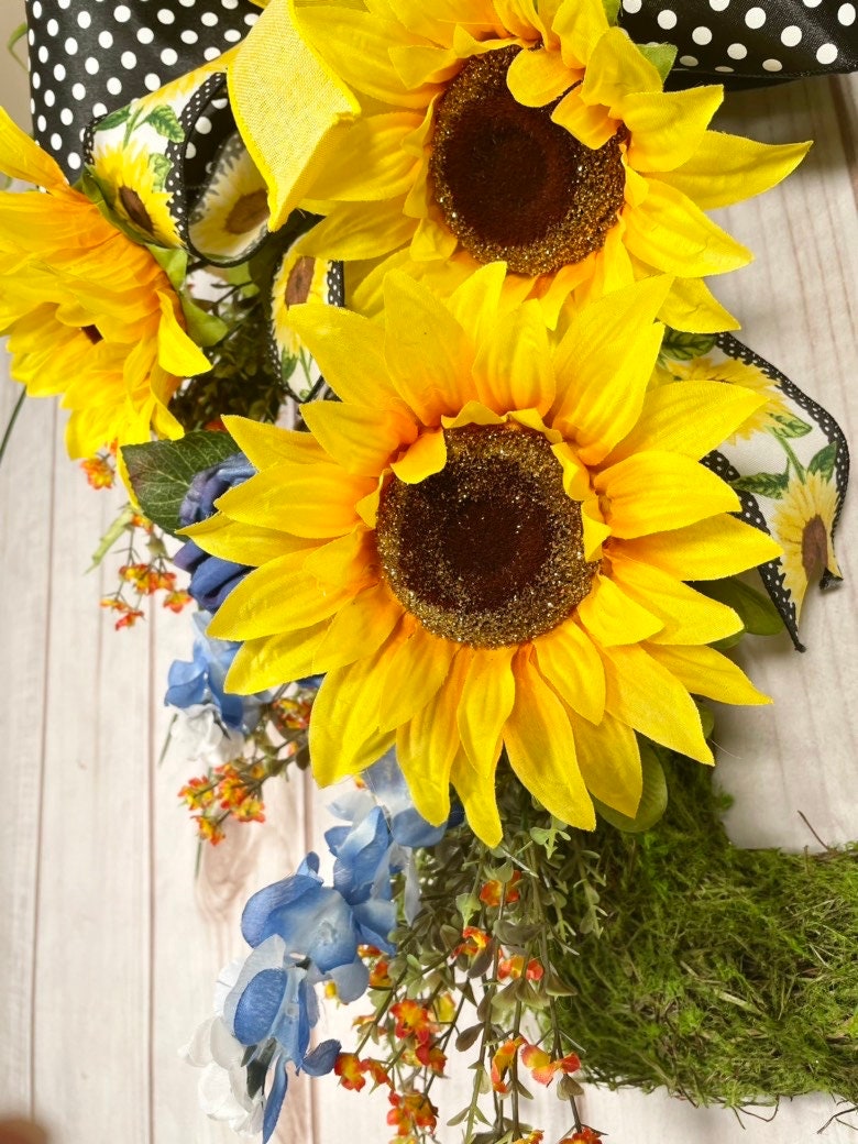 This Large Square Sunflower  Moss Front Door Wreath is a Cheerful Welcome or Greeting for  Spring, Summer or Everyday Porch Decor.