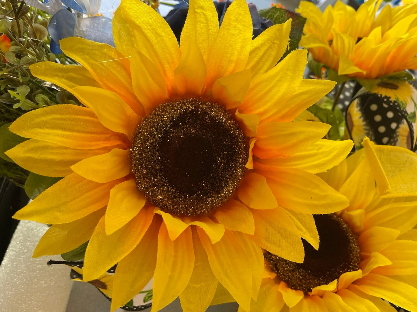 This Large Square Sunflower  Moss Front Door Wreath is a Cheerful Welcome or Greeting for  Spring, Summer or Everyday Porch Decor.