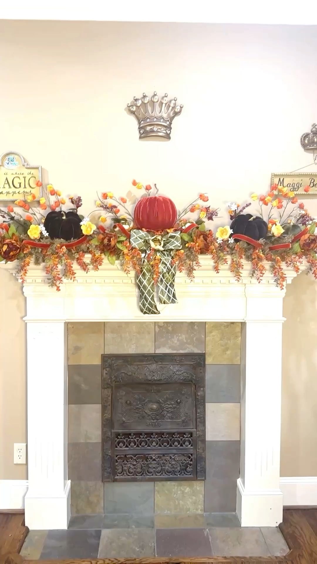 Autumn Velvet Pumpkin Mantel Arrangement, 77" Fall Decor