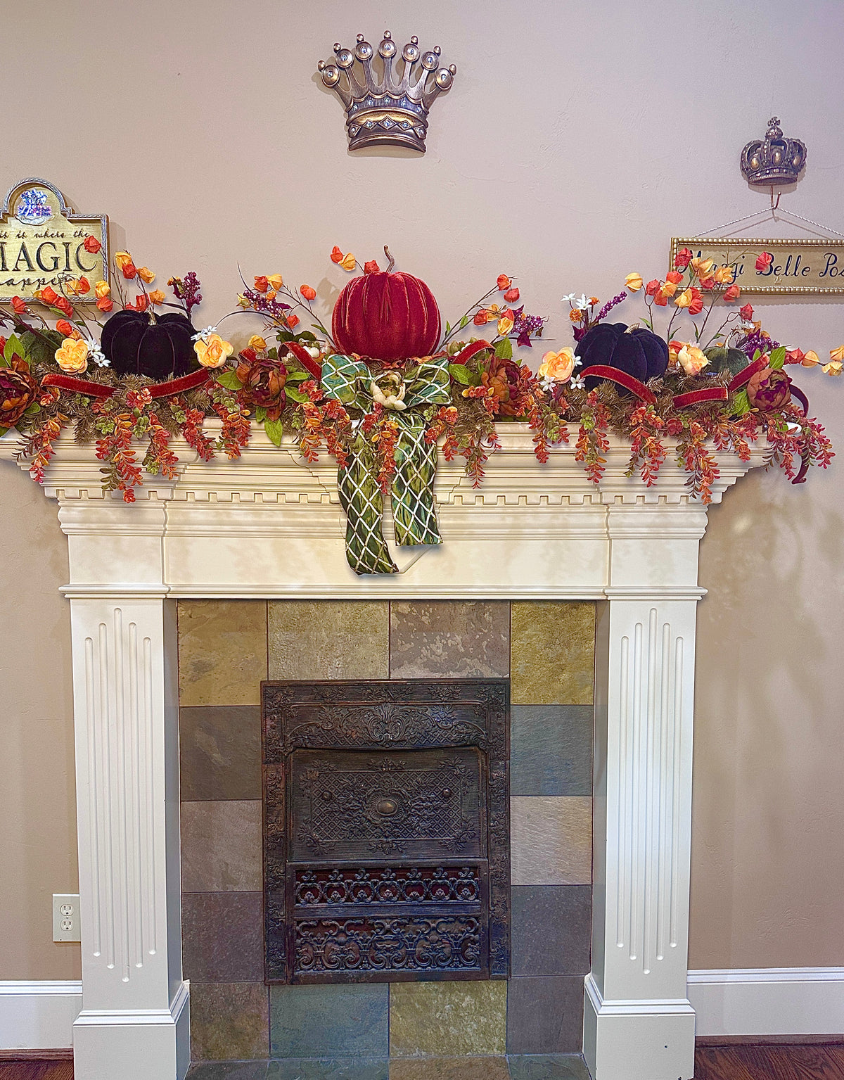 Autumn Velvet Pumpkin Mantel Arrangement, 77" Fall Decor