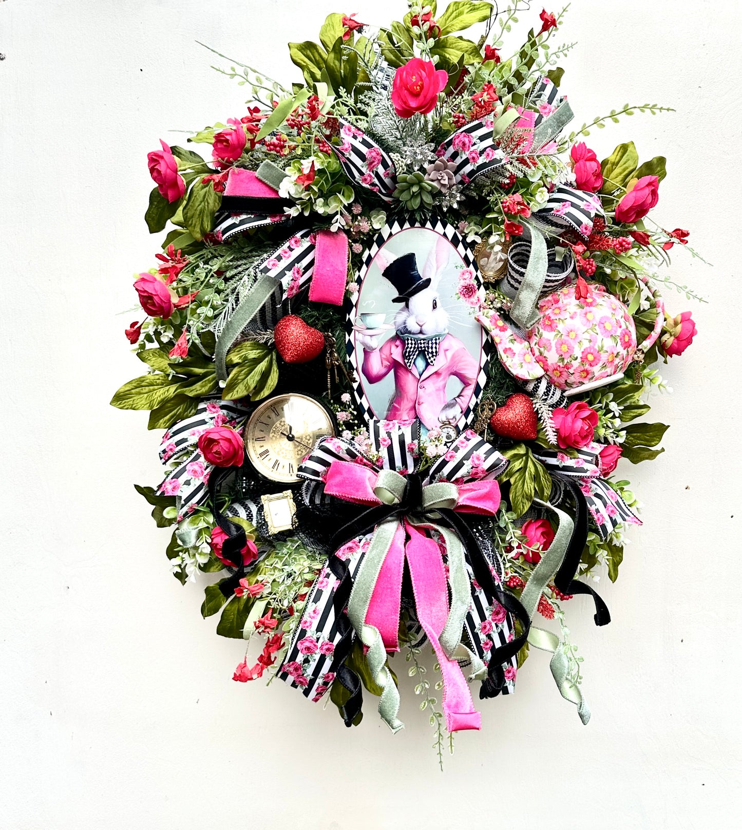 White Rabbit Tea Party Lovers Wonderland Door Decor includes whimsical details-keys, clock, mirrors, teapot and charms for a fantasy vibe.